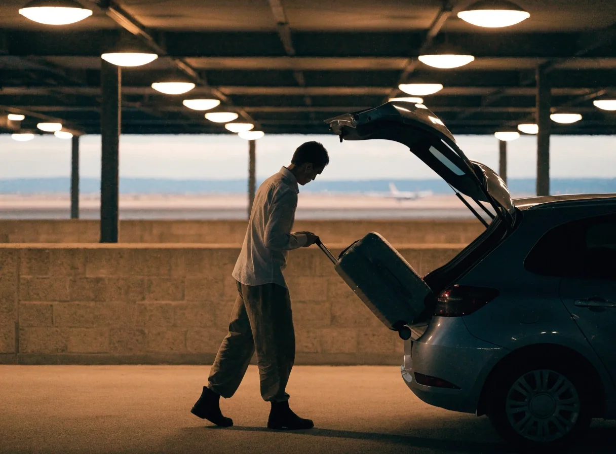Traveller unpacking a car on an upper level of a covered airport car park at dusk
