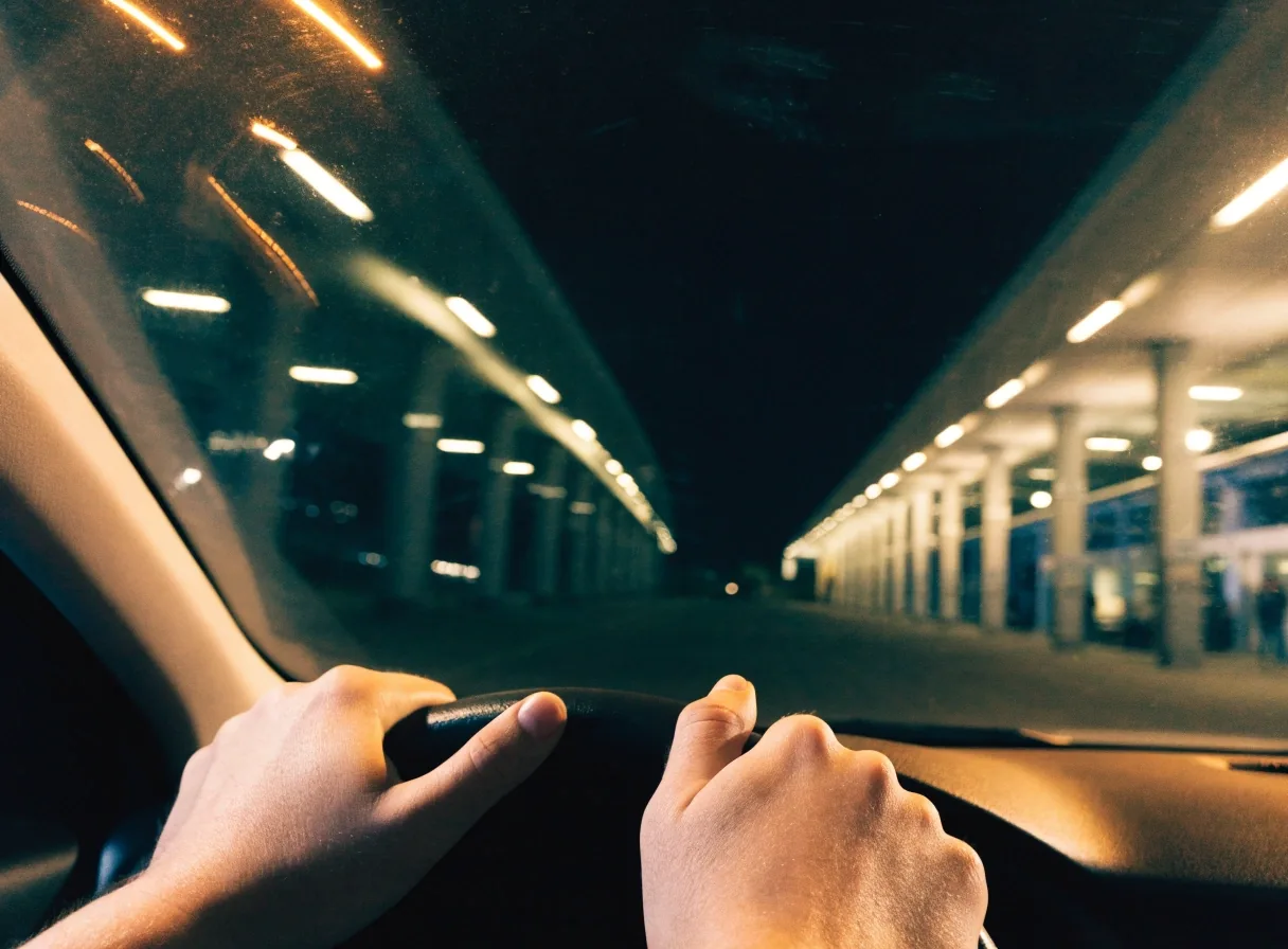View through a car windscreen of a covered airport terminal drop-off lane at night