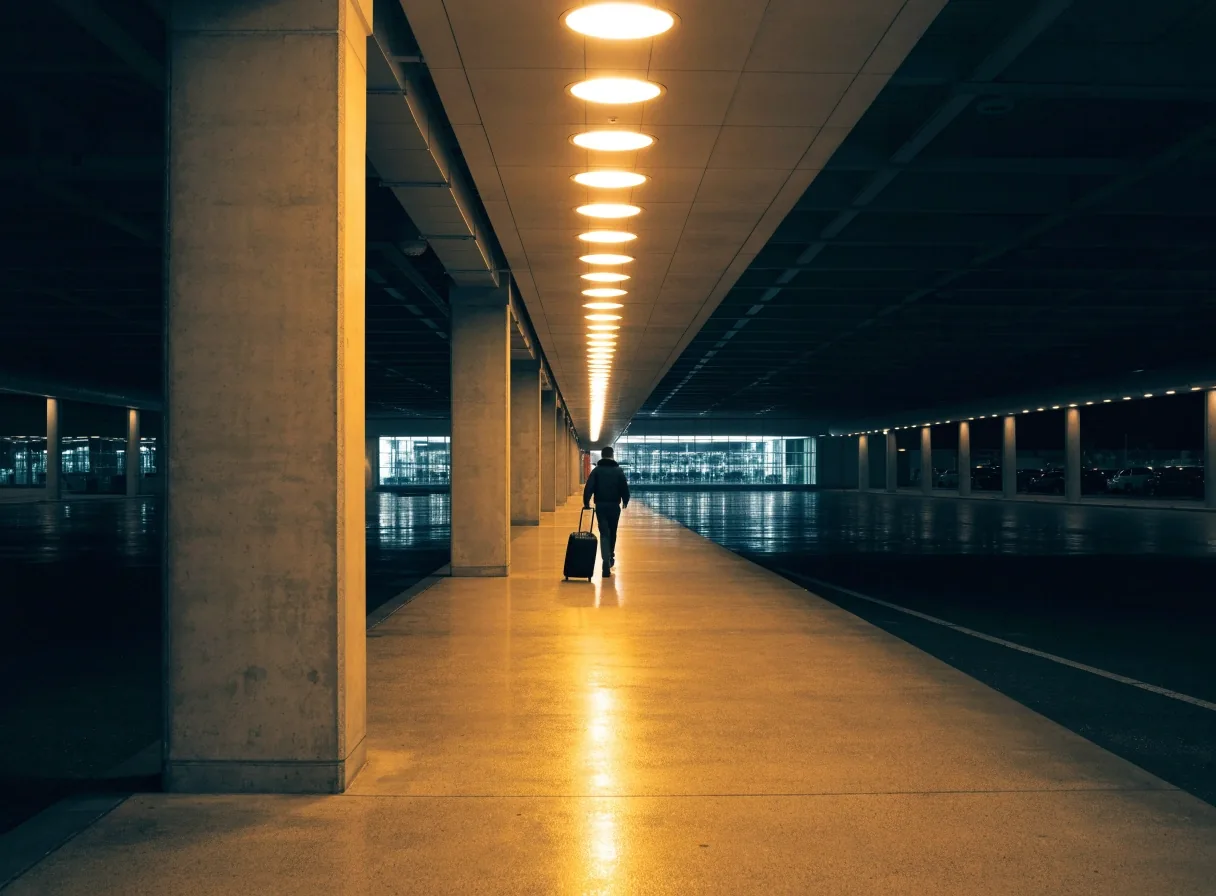 Covered walkway between an airport car park and terminal at night