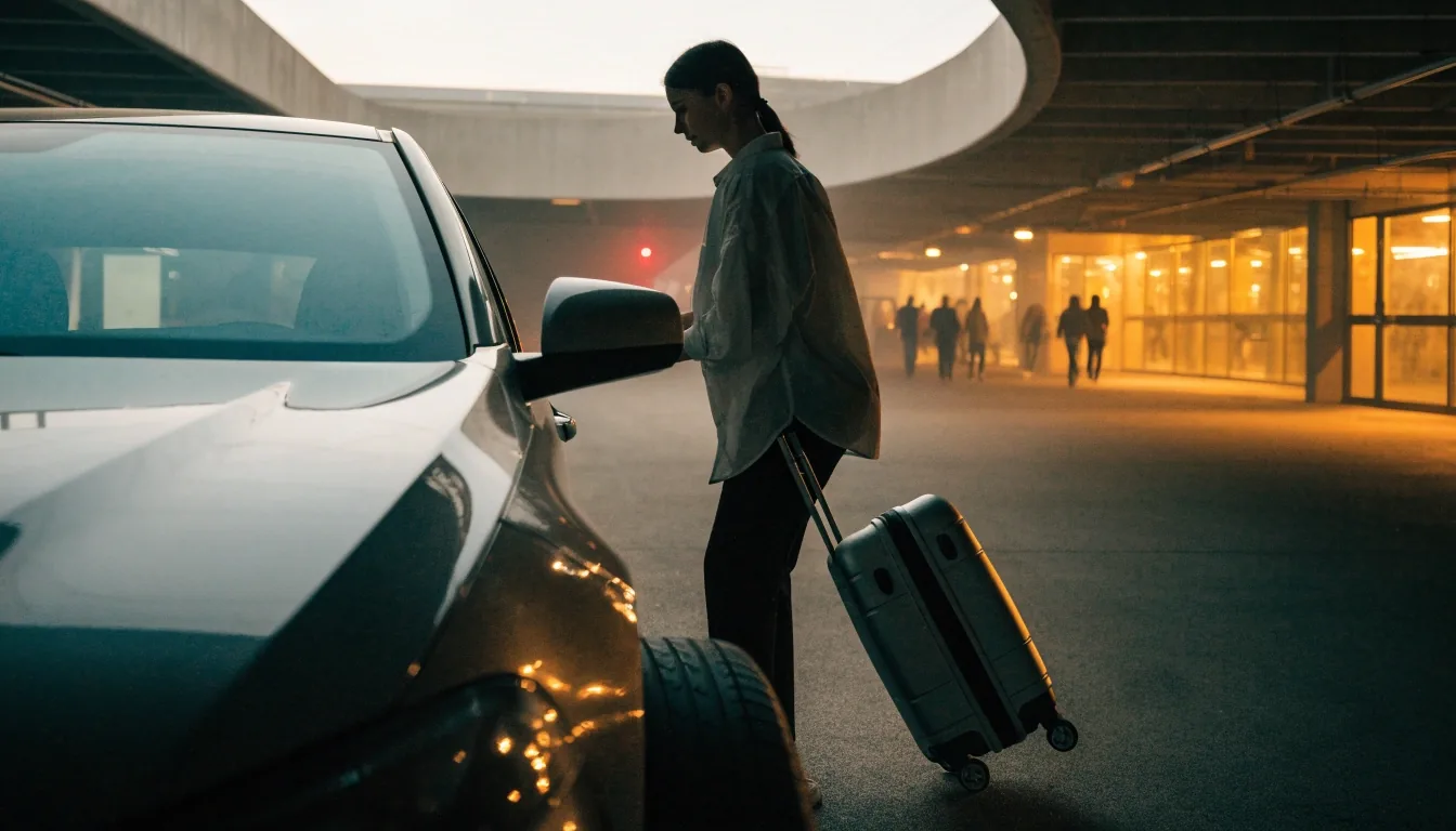 Covered terminal-side parking lane at Brisbane Airport in warm evening light