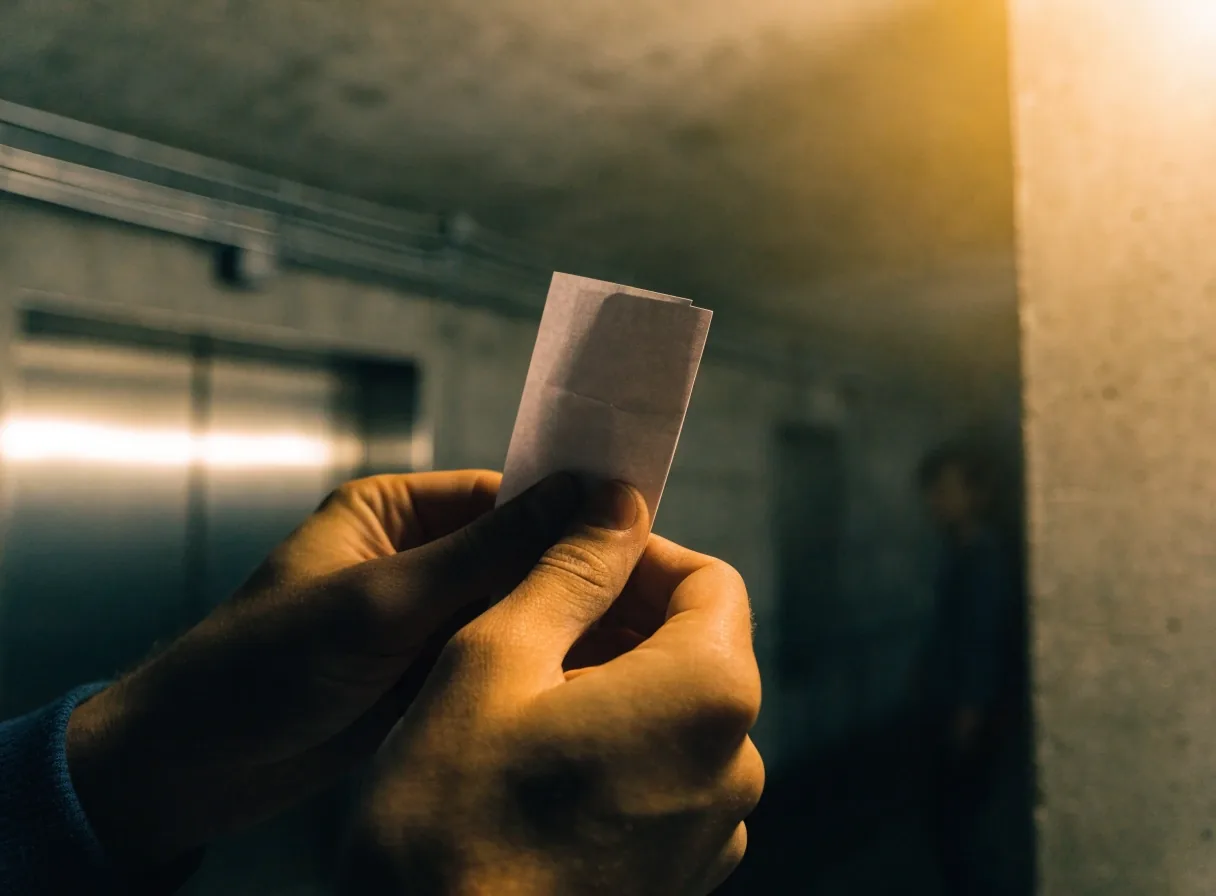 Hands holding a folded boarding pass in a dim car park lift lobby