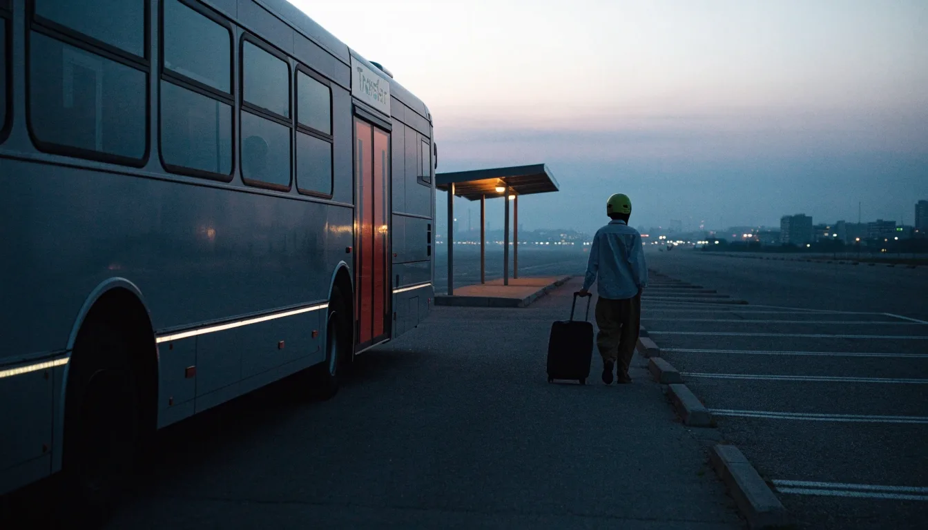 Outer Brisbane Airport park-and-ride lot at dusk with empty ranked bays and a shuttle shelter