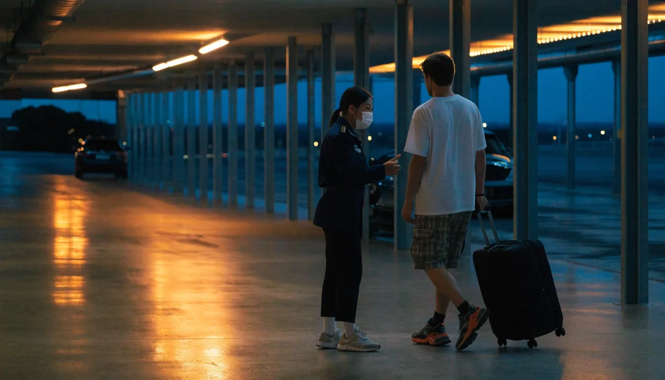 Brisbane Airport arrival kerb at dusk with warm lamp light on wet asphalt