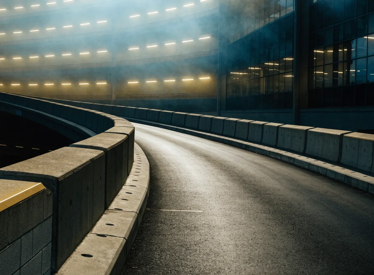 Covered multi-level car park lane at Brisbane Airport with warm ceiling lighting and fog