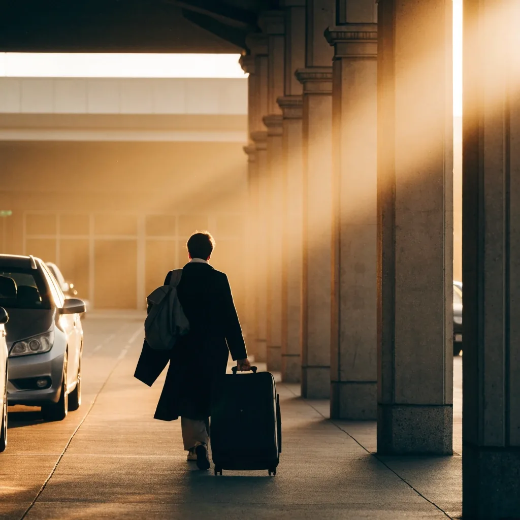 Terminal-side covered car park lane and walkway at golden hour