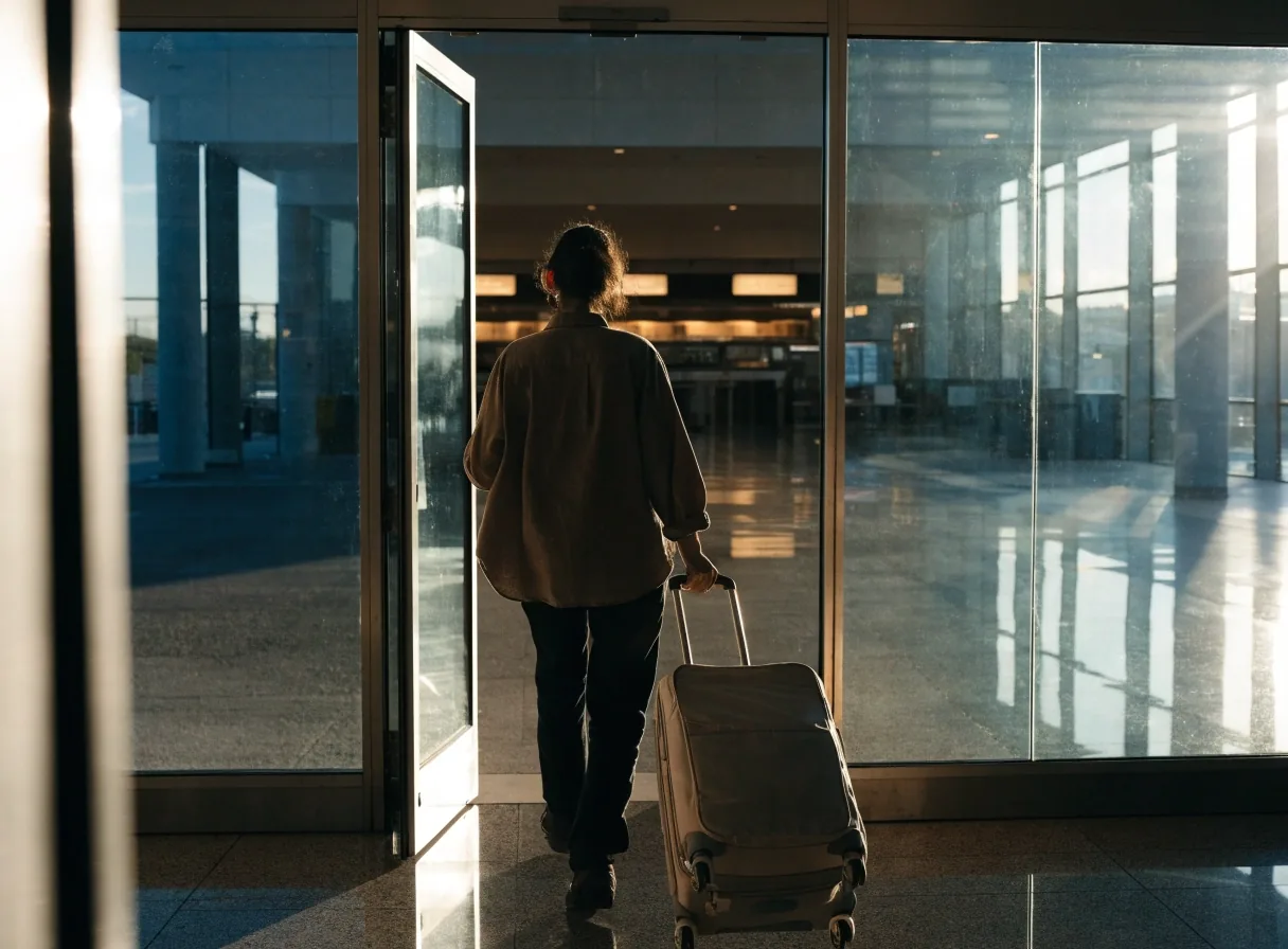 Traveller with a rolling suitcase walking from the car park into the terminal