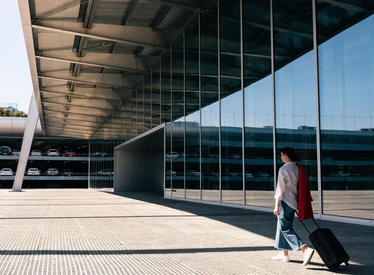 A traveller walking with a suitcase along a covered walkway from the car park toward the terminal