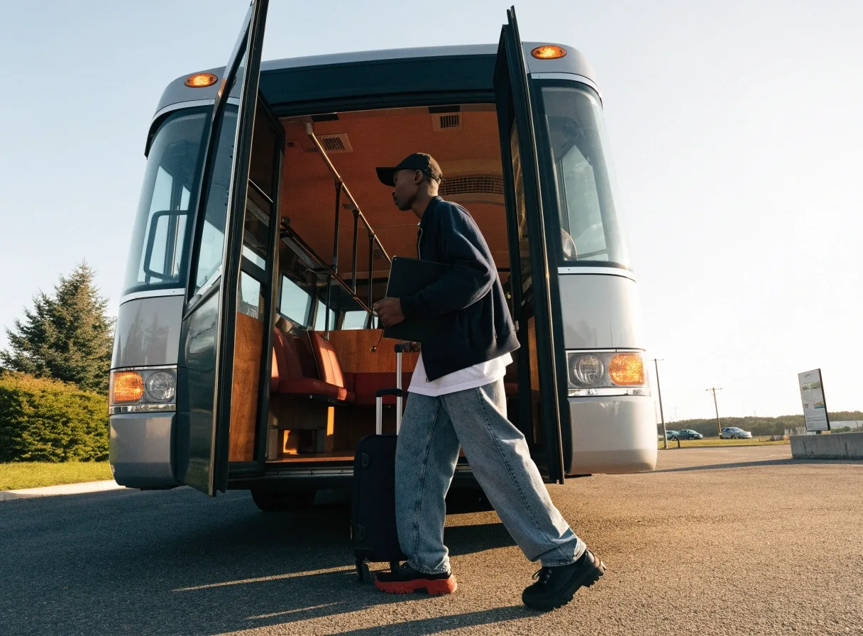 A traveller stepping into an airport shuttle bus through its open doors