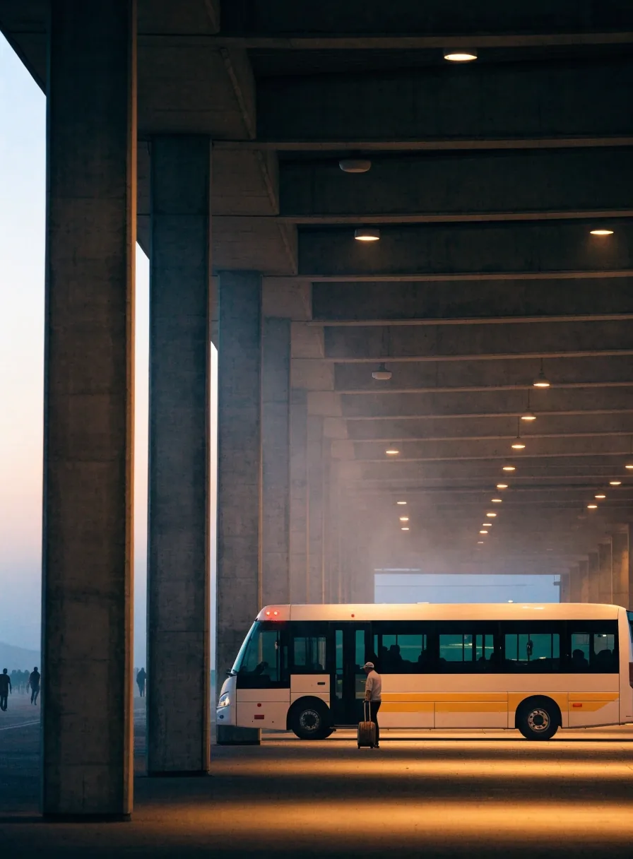 A traveller unloading a bag from the car boot at a covered airport car park lane at dusk
