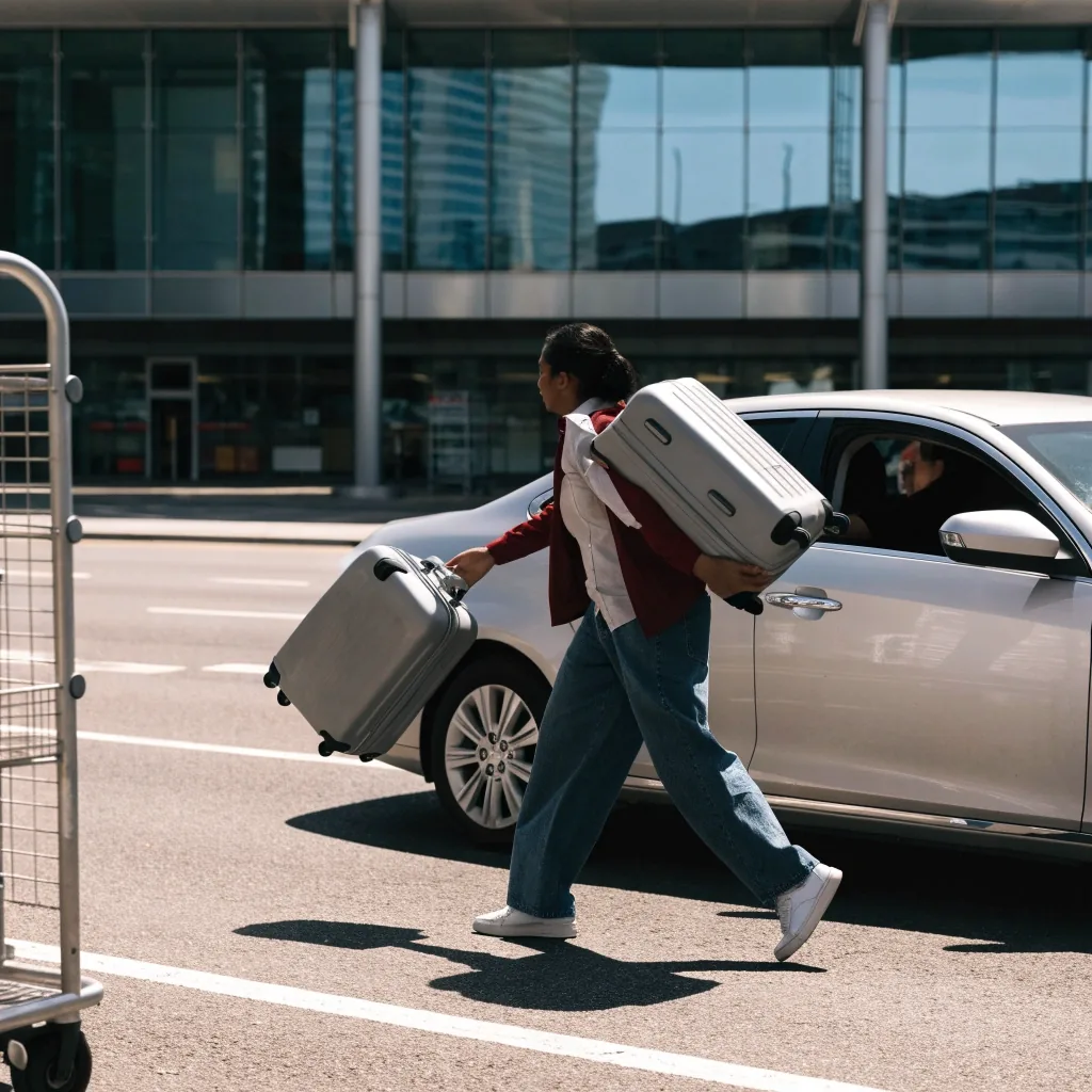 A passenger lifting a suitcase from a car at the airport kerbside drop-off zone at night