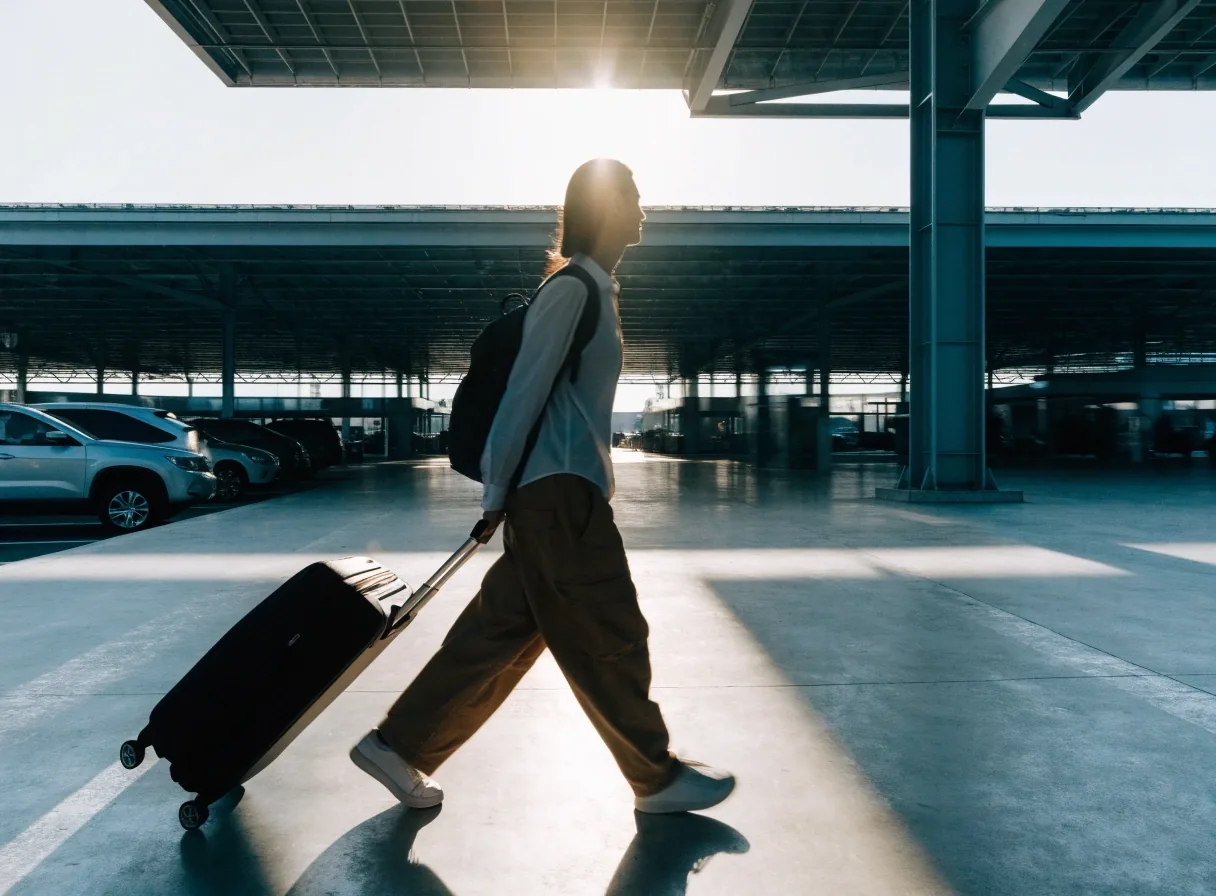 Hands lifting a bag onto the bag drop belt inside the terminal