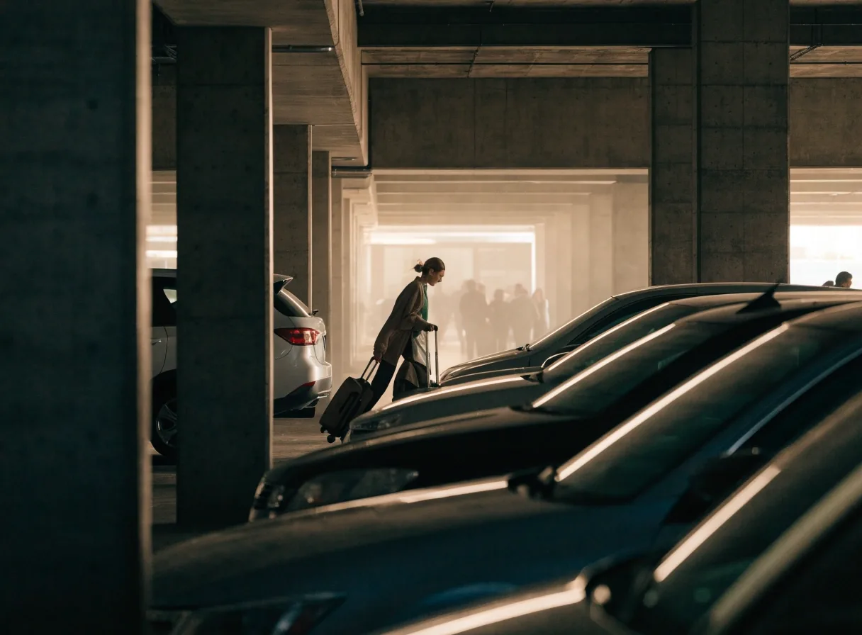 Covered car park lane with ribbed concrete ceiling and one warm bay light at an Australian international terminal