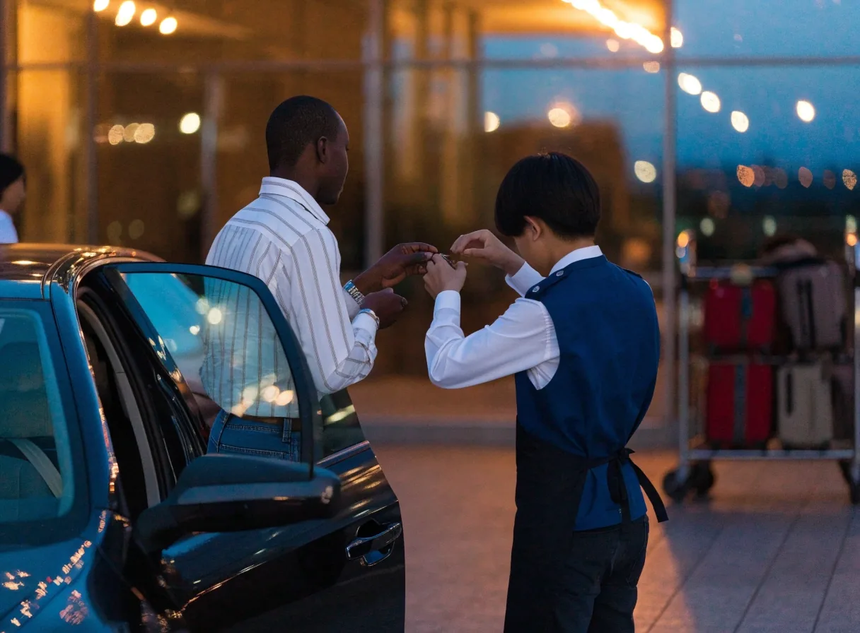 Hand passing car keys to an airport valet attendant at the terminal kerbside in evening light