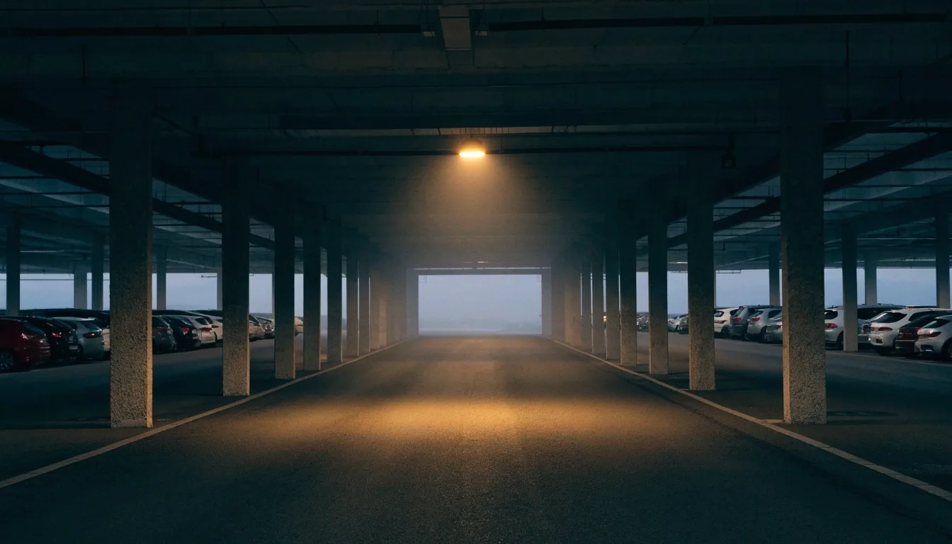 Covered multi-level car park lane at dusk near Brisbane Airport, lit by a single warm overhead lamp